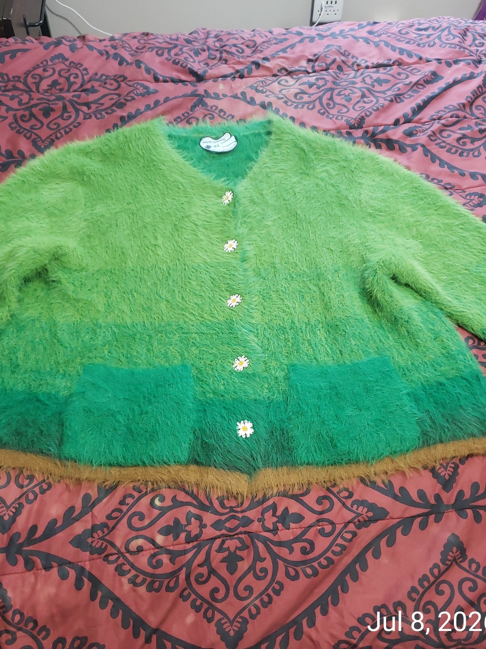 Green Ombre Fuzzy Daisy-Button Cardigan Sweater